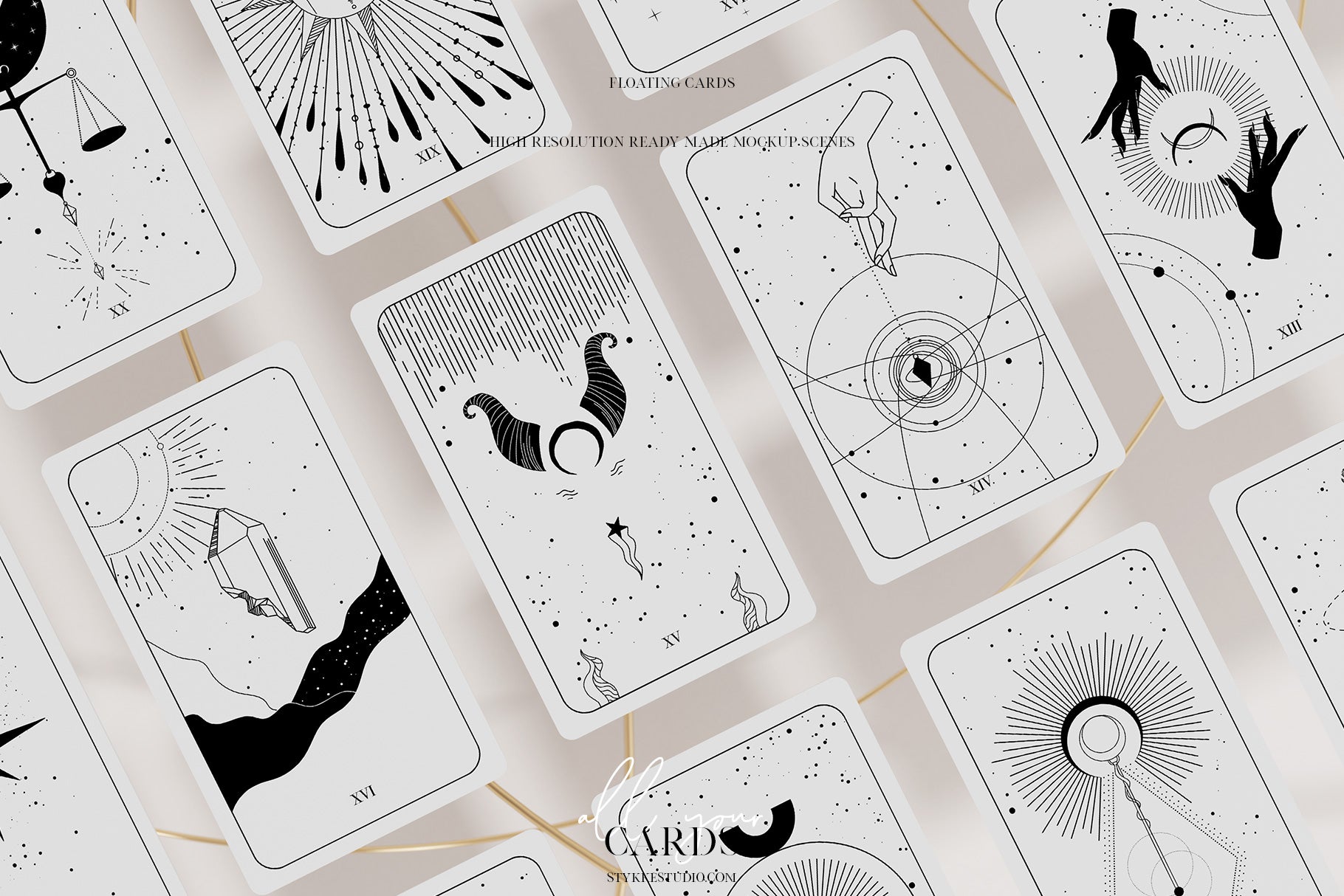 Mockup of 3 blank white tarot cards or learning cards and a deck